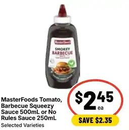 Ritchies MasterFoods Tomato Barbecue Squeezy Sauce or No Rules Sauce offer