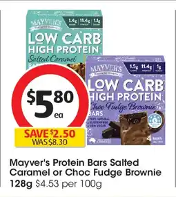 Coles Mayver's protein bars salted caramel or choc fudge brownie offer