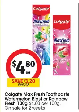 Coles Colgate Max Fresh Toothpaste Watermelon Blast or Rainbow Fresh offer