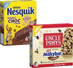 Coles Uncle Tobys Muesli Bars 145g-185g or Nestlé Nesquik Bars 120g offer