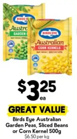 Drakes Birds eye australian garden peas, sliced beans or corn kernel offer