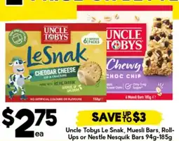 Drakes Uncle tobys le snak, muesli bars, roll- ups or nestle nesquik bars offer