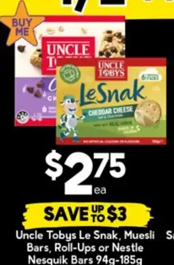 Drakes Uncle Tobys Le Snak, Muesli Bars, Roll-Ups or Nestle Nesquik Bars offer