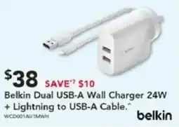 Harvey Norman Belkin dual usb-a wall charger 24w + lightning to usb-a cable offer
