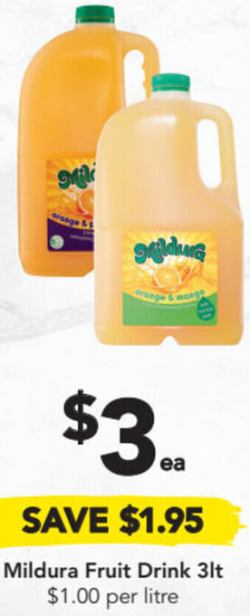 Drakes Mildura Fruit Drink 3Lt offer