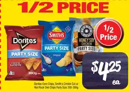 Farmer Jack's Doritos corn chips, smith's crinkle cut or red rock deli chips party size offer