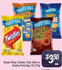 Farmer Jack's Burger rings, cheetos, tasty toobs or twisties party bag offer