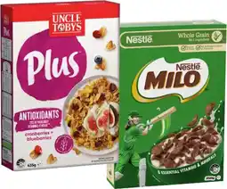 IGA Uncle Tobys Plus Cereal 410-435g or Nestlé Milo Cereal 350g Selected Varieties offer