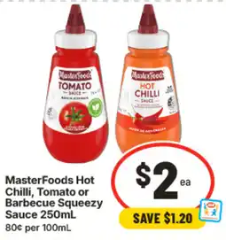 IGA MasterFoods Hot Chilli, Tomato or Barbecue Squeezy Sauce offer