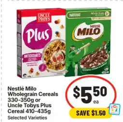IGA Nestlé Milo Wholegrain Cereals or Uncle Tobys Plus Cereal offer