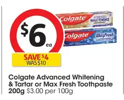 Coles Colgate Advanced Whitening & Tartar or Max Fresh Toothpaste offer