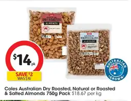 Coles Coles Australian Dry Roasted, Natural or Roasted & Salted Almonds xPack offer