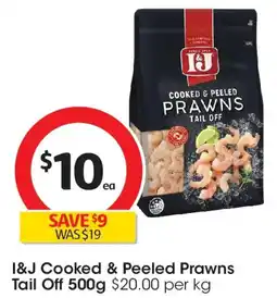 Coles I&j the finest frozen prawns cooked & peeled tail off offer