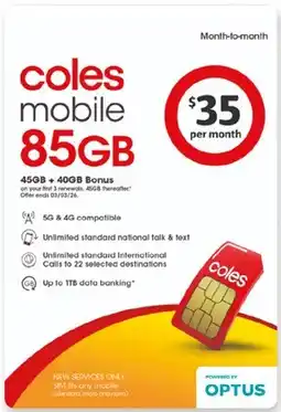 Coles Coles Mobile $35 Month to Month SIM offer