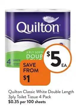 Foodworks Quilton Classic White Double Length 3ply Toilet Tissue offer