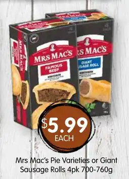 Spudshed Mrs mac's pie varieties or giant sausage rolls offer