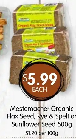 Spudshed Mestemacher organic flax seed, rye & spelt or sunflower seed offer
