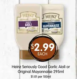 Spudshed Heinz seriously good garlic aioli or original mayonnaise offer