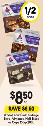 Drakes Atkins Low Carb Endulge Bars, Almonds, Malt Bites or Cups offer