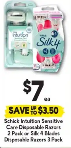 Drakes Schick intuition sensitive care disposable razors 2 pack or silk 4 blades disposable razors 3 pack offer