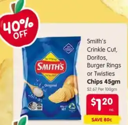 Spar Smith's crinkle cut, doritos, burger rings or twisties chips offer