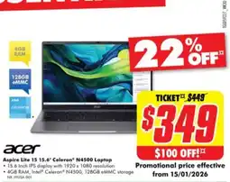 The Good Guys Aspire lite 15 celeron n4500 laptop offer