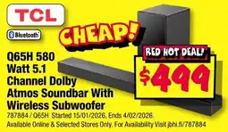 JB Hi-Fi Tcl q65h 580 watt 5.1 channel dolby atmos soundbar with wireless subwoofer offer