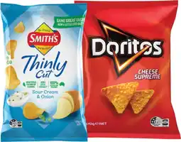 IGA Doritos Corn Chips 150-170g, Smith’s Thinly Cut Chips 175g or Crackers 160g Selected Varieties offer