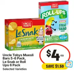 IGA Uncle Tobys Muesli Bars , Le Snak or Roll Ups offer