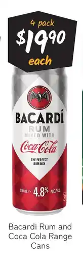 Cellarbrations Bacardi rum and coca cola range cans offer
