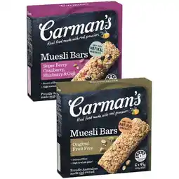 Woolworths Carman’s Muesli Bars 210g-270g Pk 6 offer