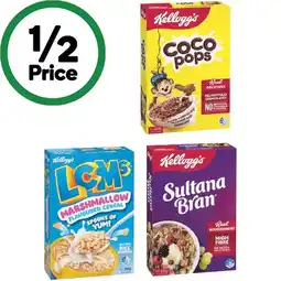 Woolworths Kellogg’s Coco Pops 320g, Just Right 460g, Sultana Bran 420g or LCMs Cereal 295g offer