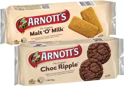 Coles Arnott's Malt 'O' Milk or Choc Ripple Biscuits 250g offer