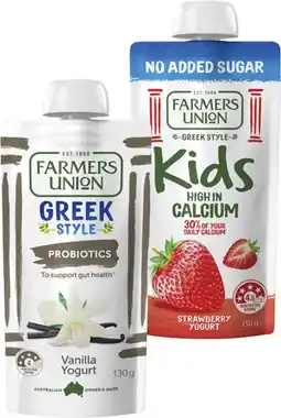 Coles Farmers Union Greek Style or No Added Sugar Kids Yogurt Pouch 130g offer