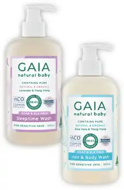 Coles Gaia Natural Baby Hair & Body Wash or Sleeptime Wash 500mL offer