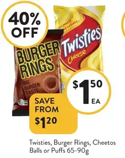 Foodworks Twisties, Burger Rings, Cheetos Balls or Puffs offer