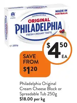 Foodworks Philadelphia Original Cream Cheese Block or Spreadable Tub offer