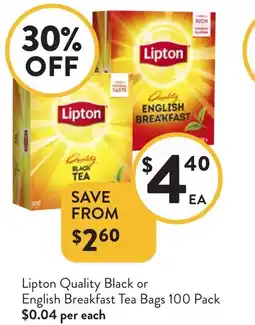 Foodworks Lipton Quality Black or English Breakfast Tea Bags offer