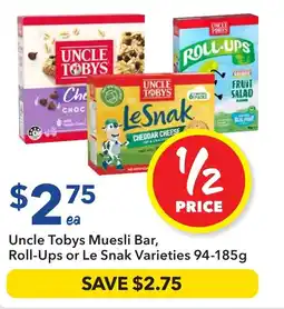 Ritchies Uncle Tobys Muesli Bar, Roll-Ups or Le Snak Varieties offer