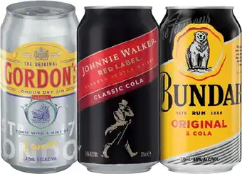 IGA Gordonu2019s Gin & Tonic 4.5%, Johnnie Walker Red & Cola 4.6% or Bundaberg U.P. Rum 4.6% Varieties 10 Pack offer