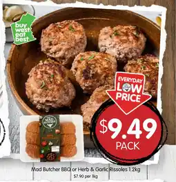 Spudshed Mad butcher bbq or herb & garlic rissoles offer