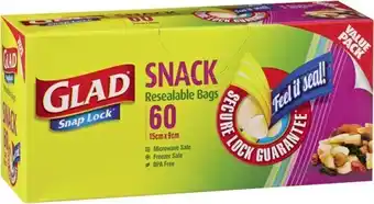 IGA Glad Snap Lock Storage, Sandwich 10-30 Pack or Snack Resealable Bags 60 + 10 Pack Selected Varieties offer