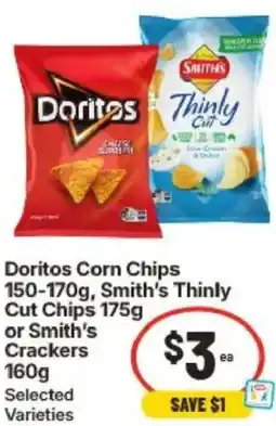 IGA Doritos Corn Chips, Smith's Thinly Cut Chips 175g or Smith's Crackers offer