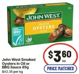 IGA John west smoked oysters in oil or bbq sauce offer