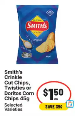 IGA Smith's crinkle cut chips, twisties or doritos corn offer