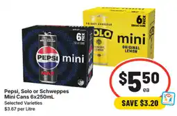 IGA Pepsi, solo or schweppes mini cans offer