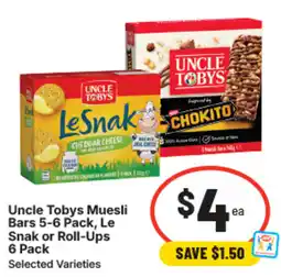 IGA Uncle tobys muesli bars, le snak or roll-ups offer