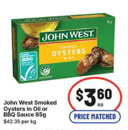 IGA John west smoked oysters in oil or bbq sauce offer