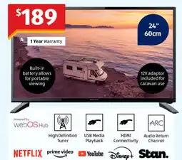 ALDI Hd smart tv with built-in battery and 12v dc charger $189 offer
