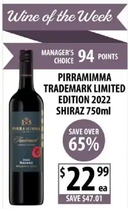 Supabarn Pirramimma trademark limited edition 2022 shiraz offer